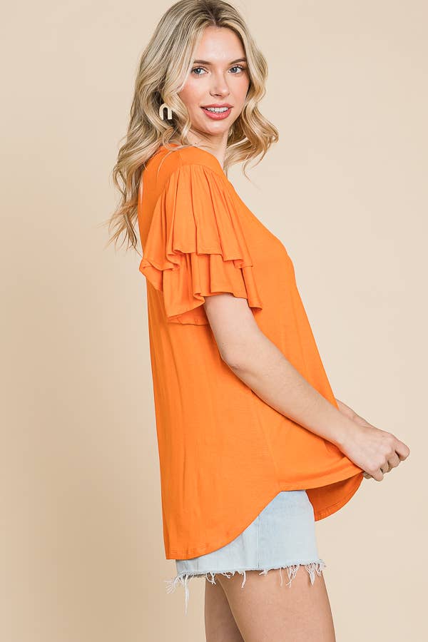 Round Neck Semi Loose Ruffle Sleeve Top: / NEW SUNKIST