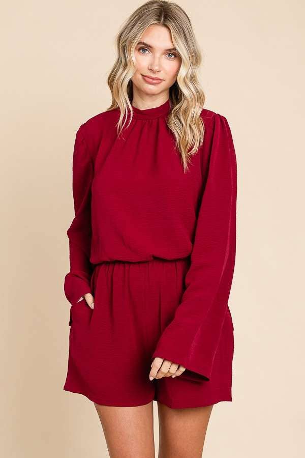 CWR1863L-Mock Neck Bell Sleeve Romper