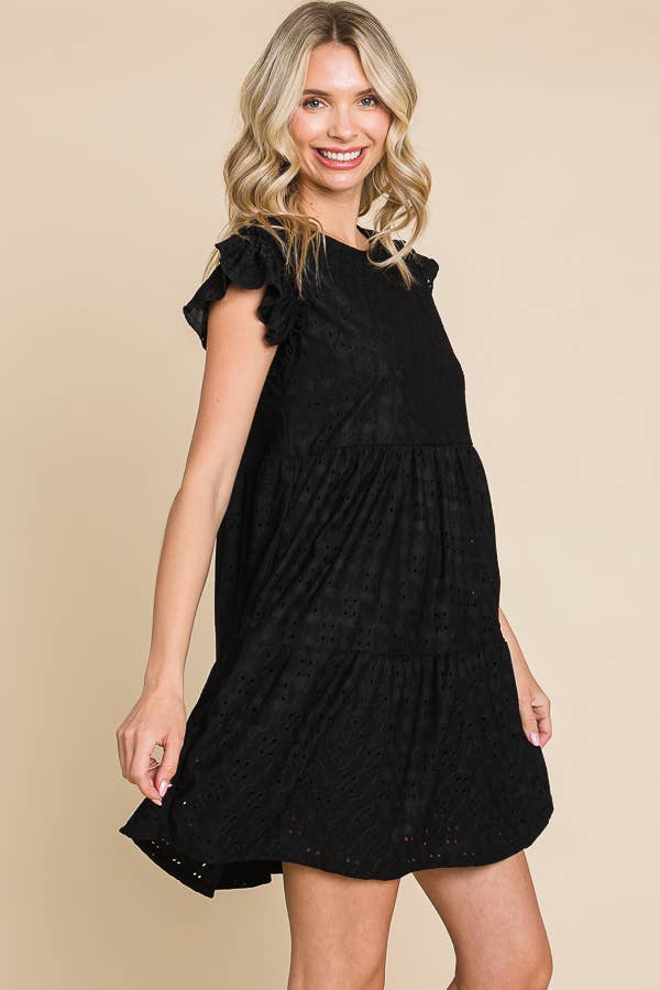 BabyDoll Tiered Mini Ruffle Sleeve Dress: / BUTTER CREAM