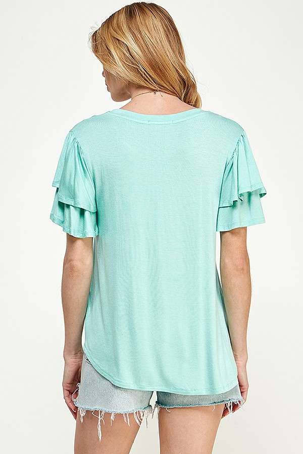 Round Neck Semi Loose Ruffle Sleeve Top: / NEW SUNKIST