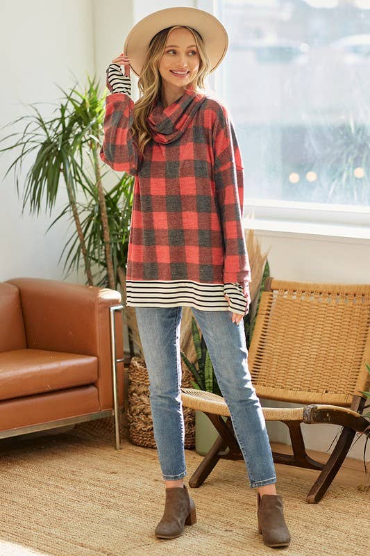 LMT3007-P-Brushed Plaid Cowl Neck Tunic
