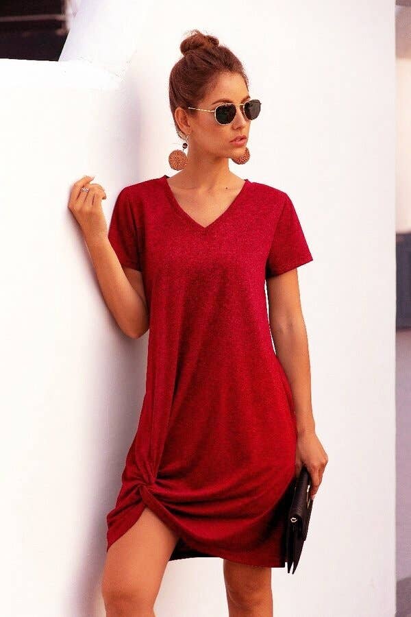 V Neck Short Sleeve T-Shirt Dresses -
