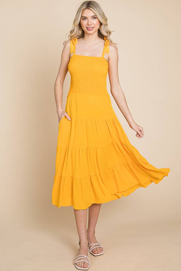 Smocking Tube Tiered Midi Dress: / ALOE GEL