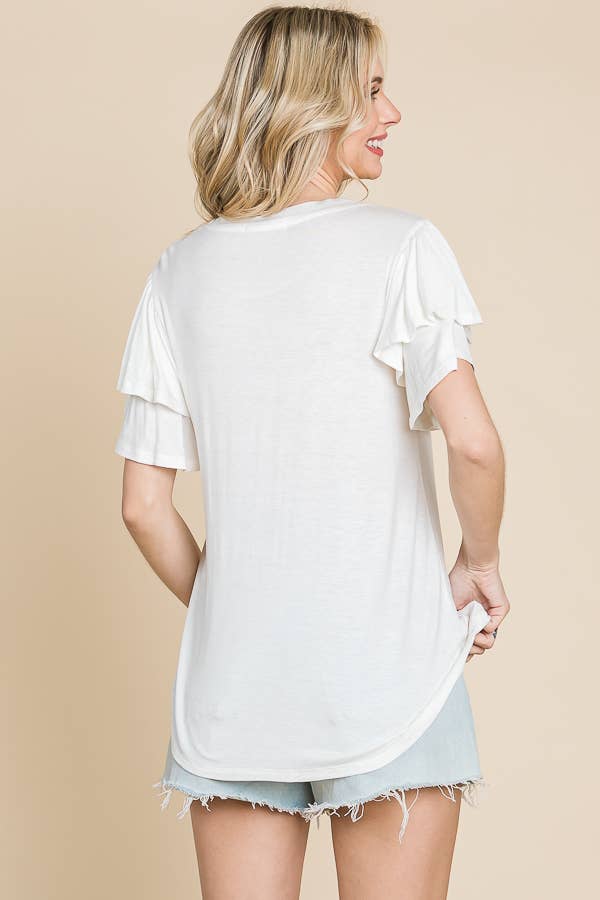 Round Neck Semi Loose Ruffle Sleeve Top: / NEW SUNKIST