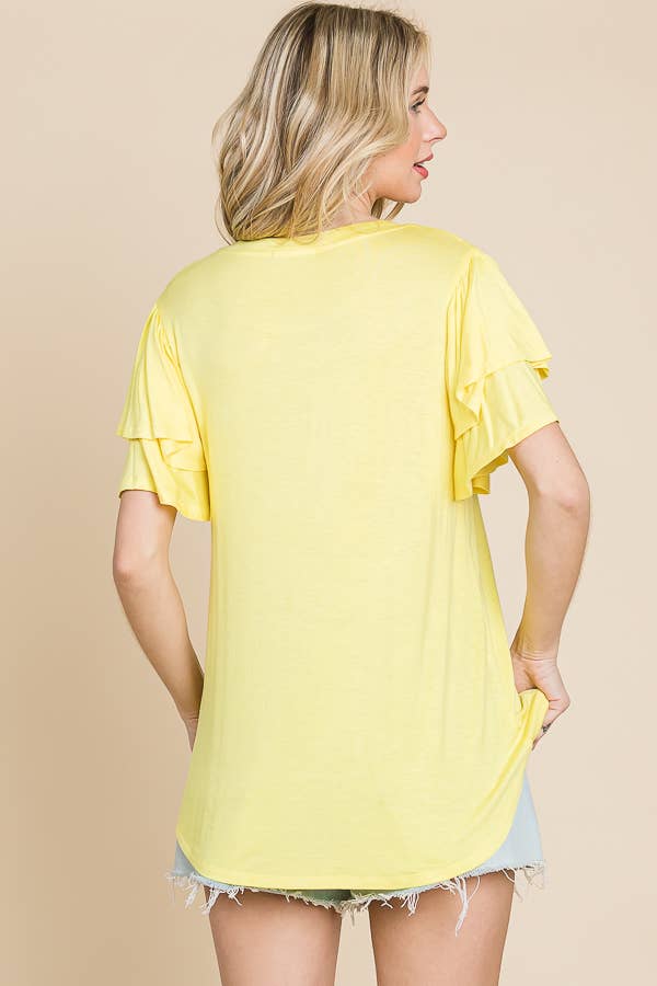 Round Neck Semi Loose Ruffle Sleeve Top: / NEW SUNKIST
