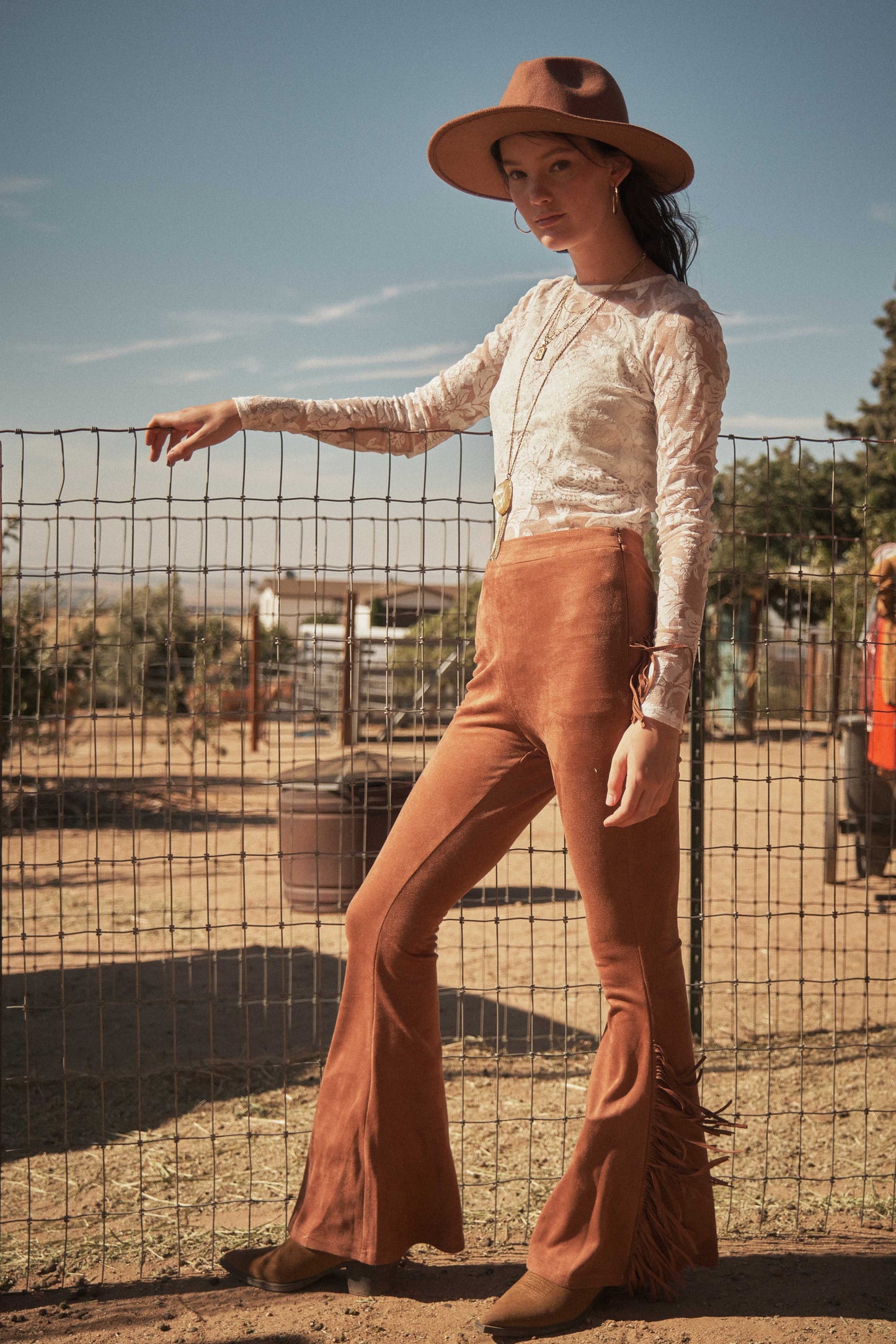 Faux Suede Fringe Leg and Back Bell Bottom / BIO62007