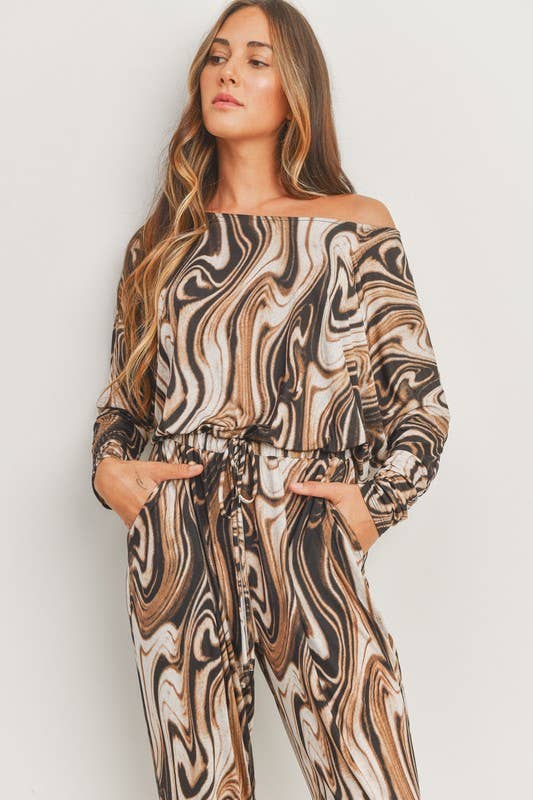 Long Sleeve Printed Knit Jumpsuit: L / Brown