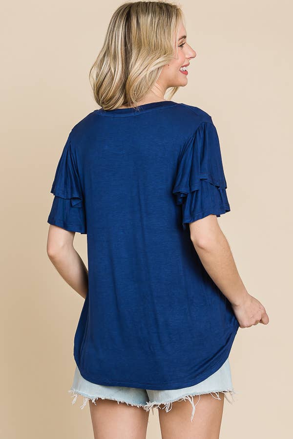 Round Neck Semi Loose Ruffle Sleeve Top: / NEW SUNKIST