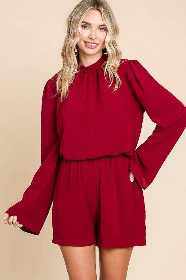 CWR1863L-Mock Neck Bell Sleeve Romper