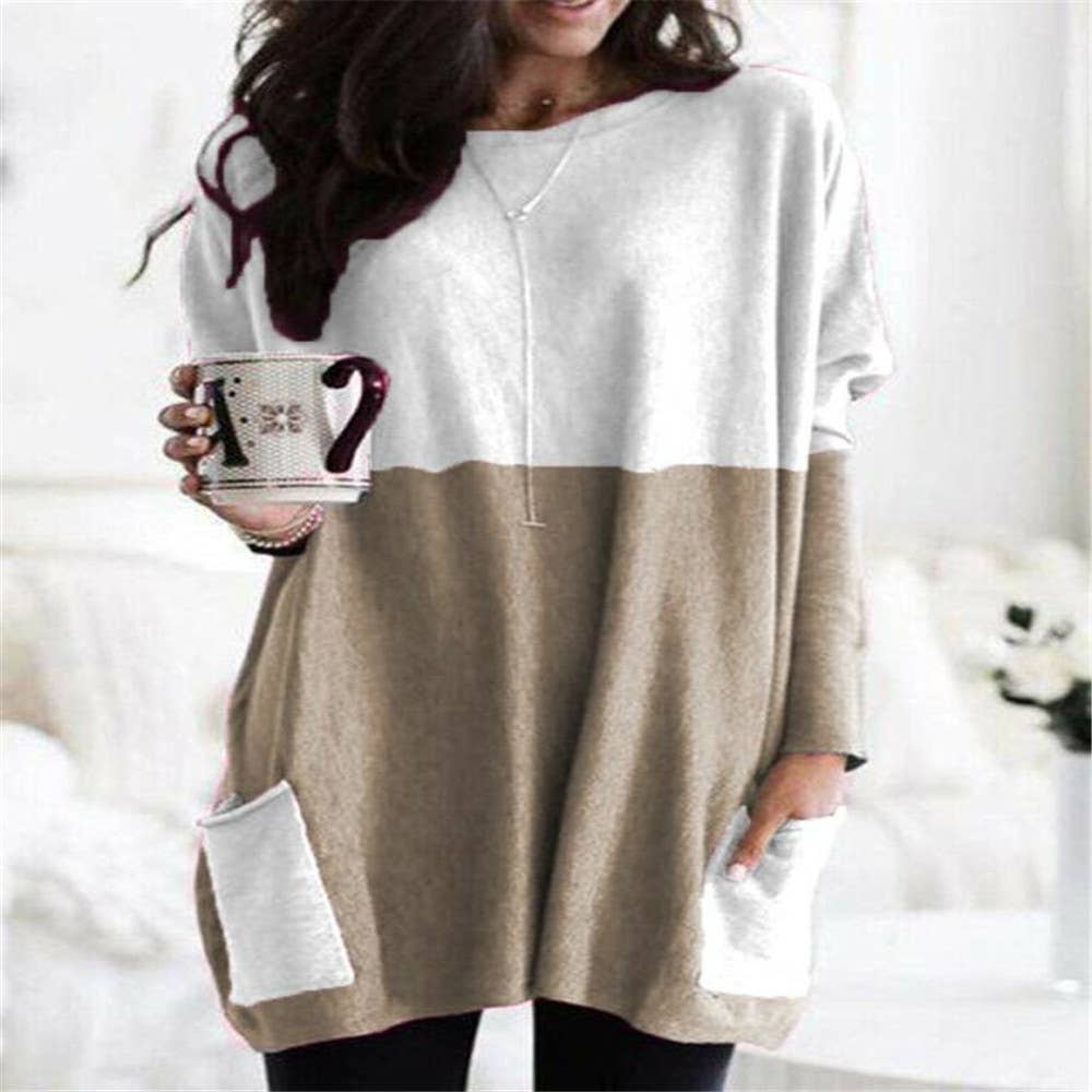 Dress Long Sleeve Round Neck Loose Top: CAMEL
