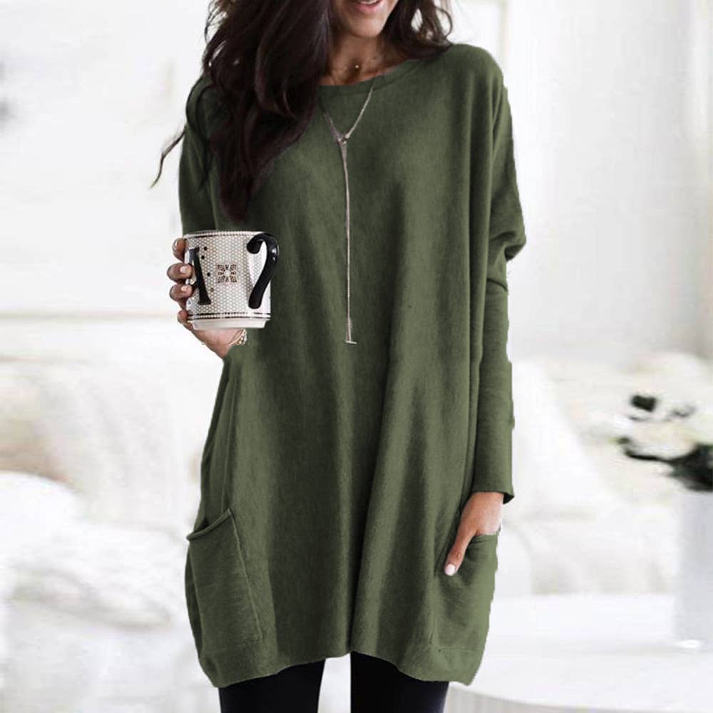 Dress Long Sleeve Round Neck Loose Top: CAMEL