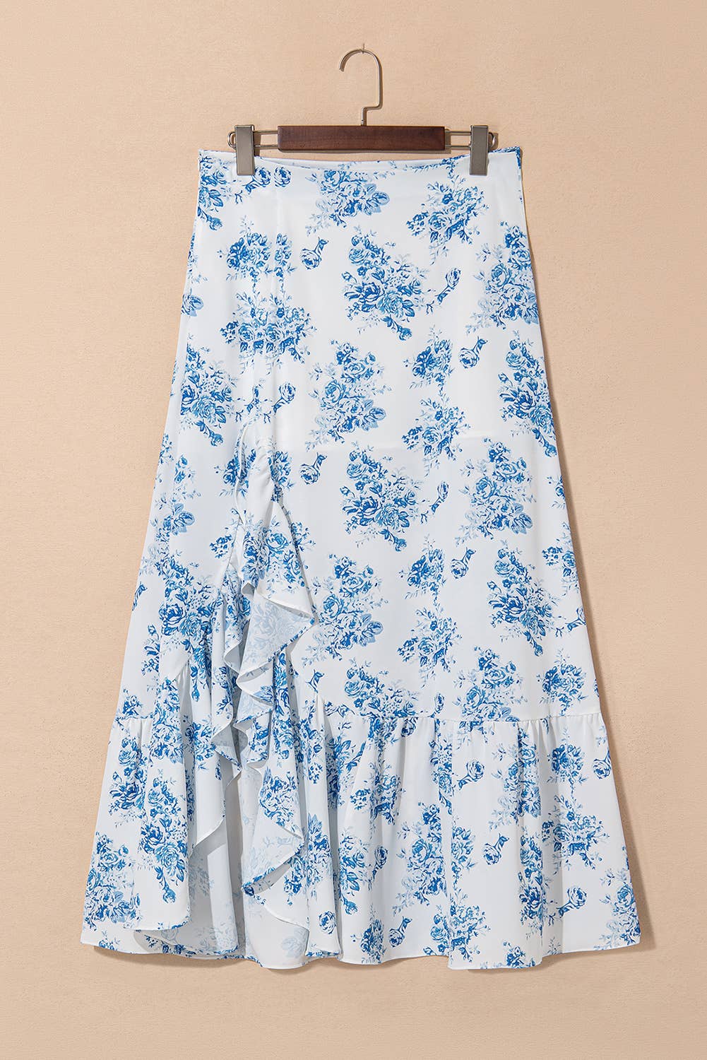 Boho Floral High Waist Ruffle Split Maxi Skirt
