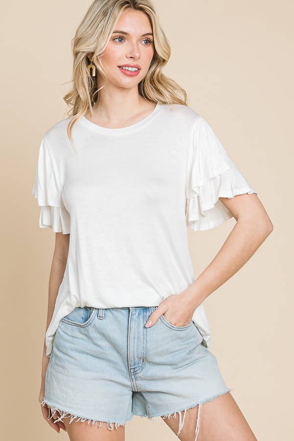 Round Neck Semi Loose Ruffle Sleeve Top: / NEW SUNKIST