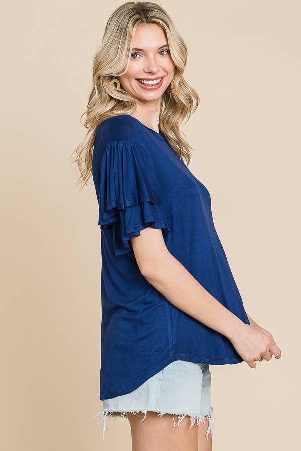 Round Neck Semi Loose Ruffle Sleeve Top: / NEW SUNKIST