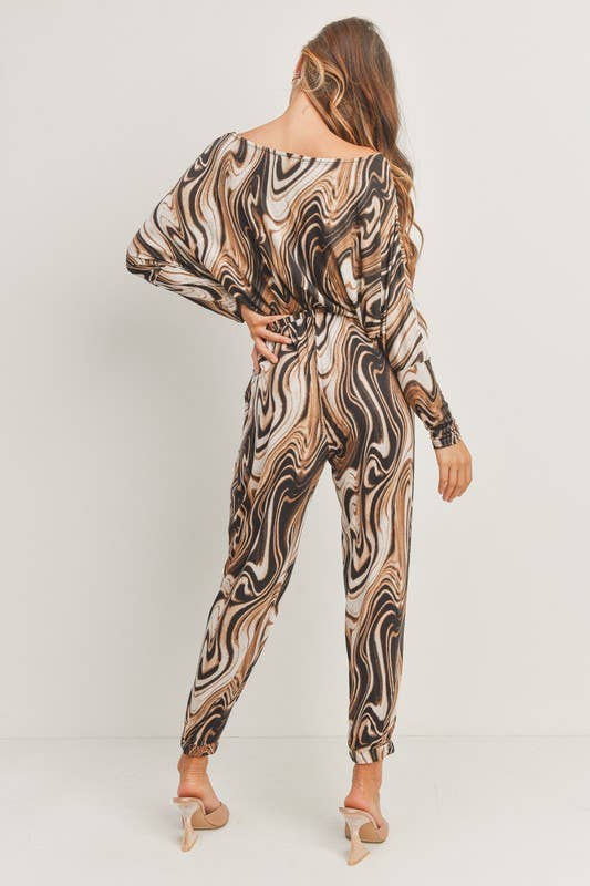 Long Sleeve Printed Knit Jumpsuit: L / Brown