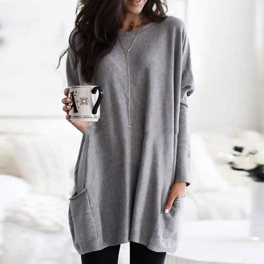 Dress Long Sleeve Round Neck Loose Top: CAMEL