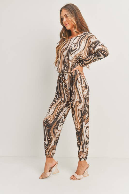 Long Sleeve Printed Knit Jumpsuit: L / Brown