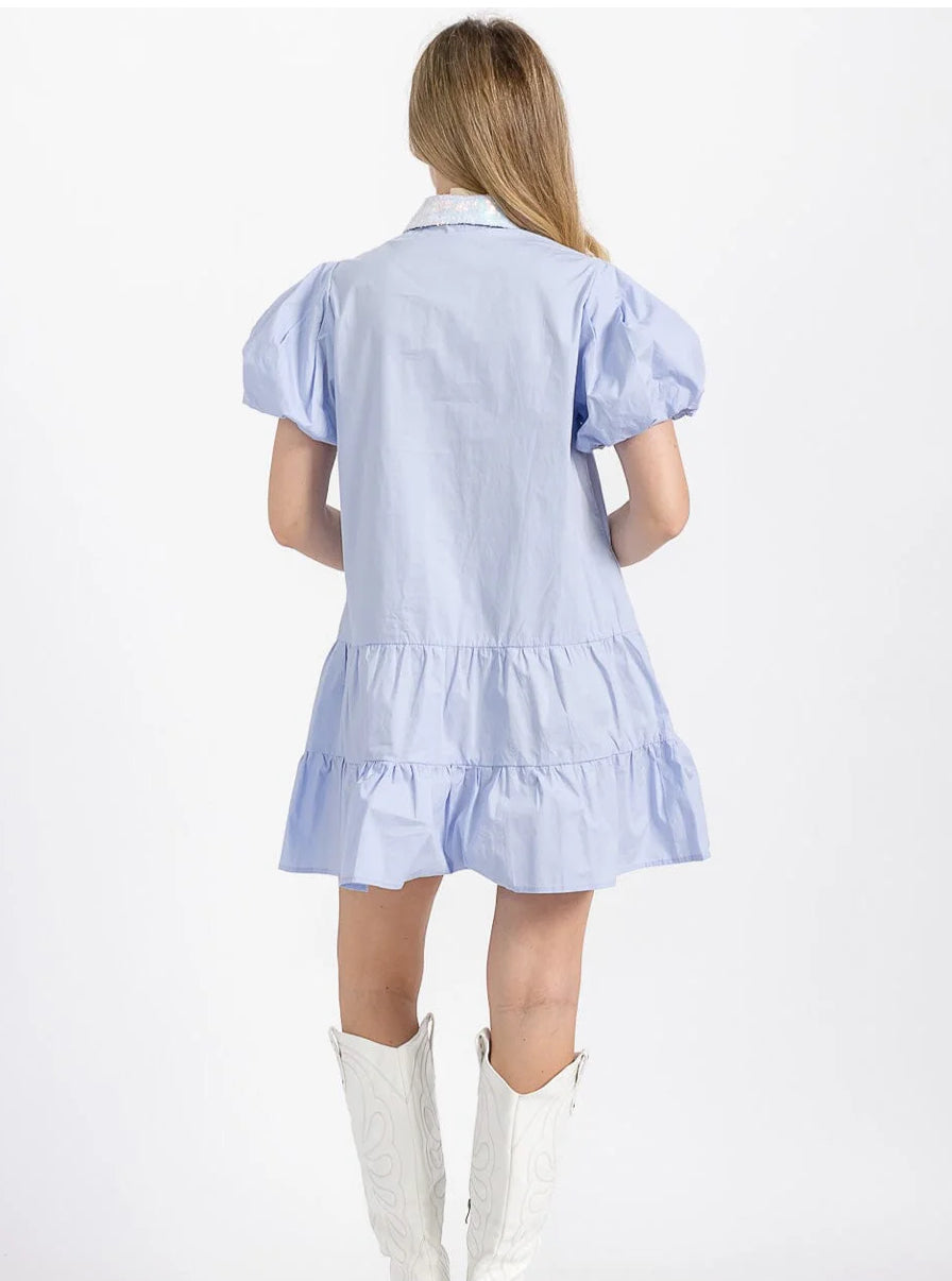 WOMEN'S SHORT PUFF SLEEVE POCKETS TIERED SEQUINS GRAPHIC Mini Dress