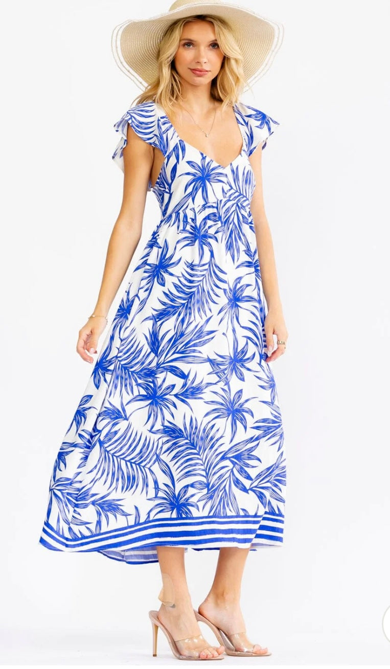 Blue Leaf Print Dress