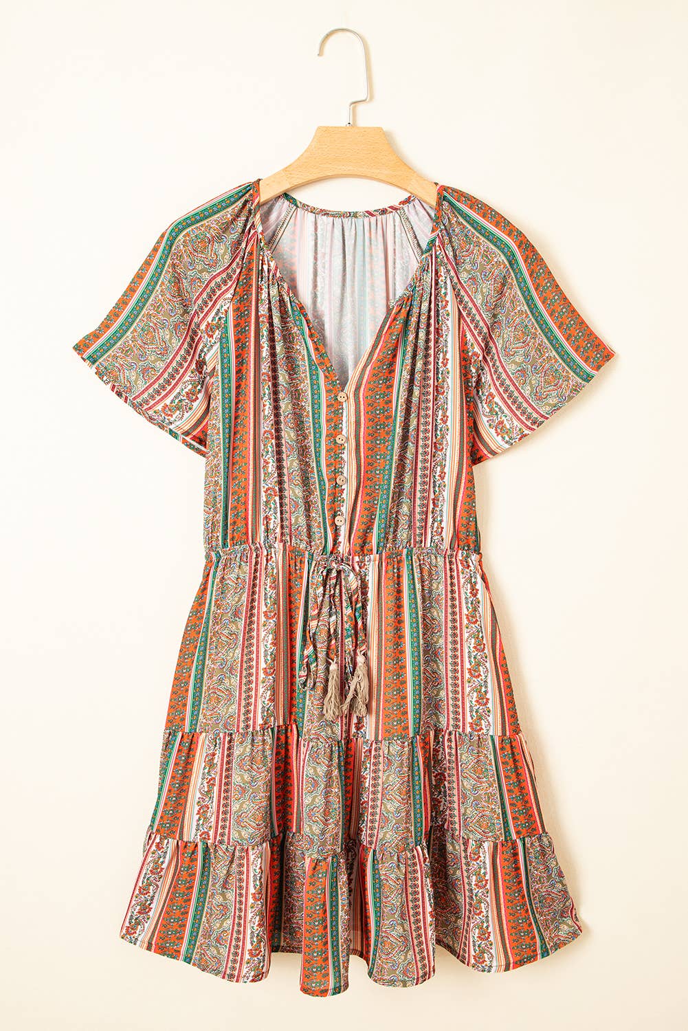 Bohemian Floral Print Buttoned V Neck Ruffle Tiered Dress