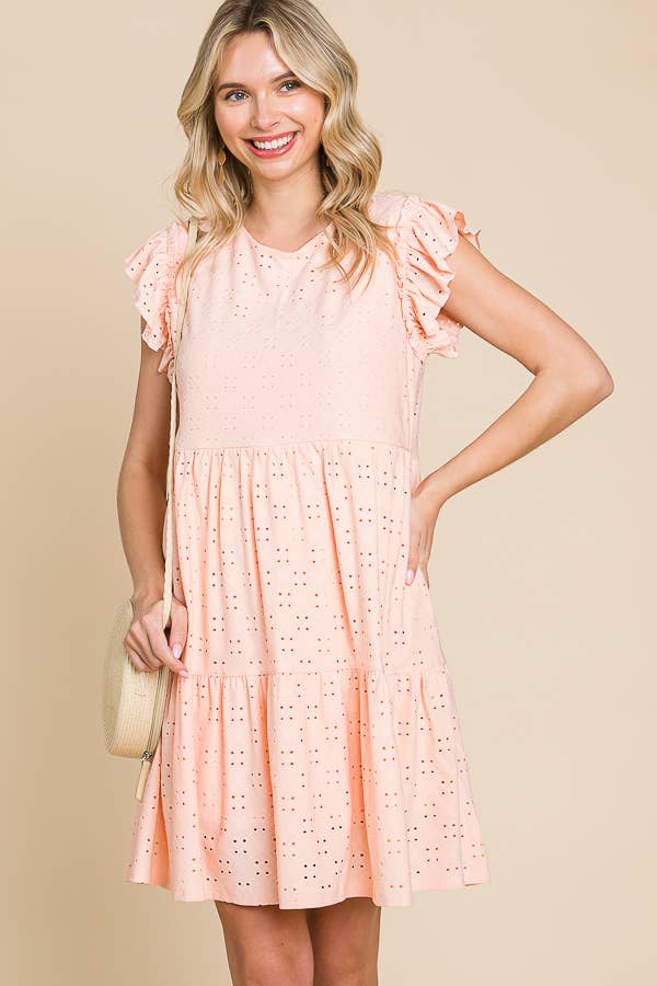 BabyDoll Tiered Mini Ruffle Sleeve Dress: / BUTTER CREAM