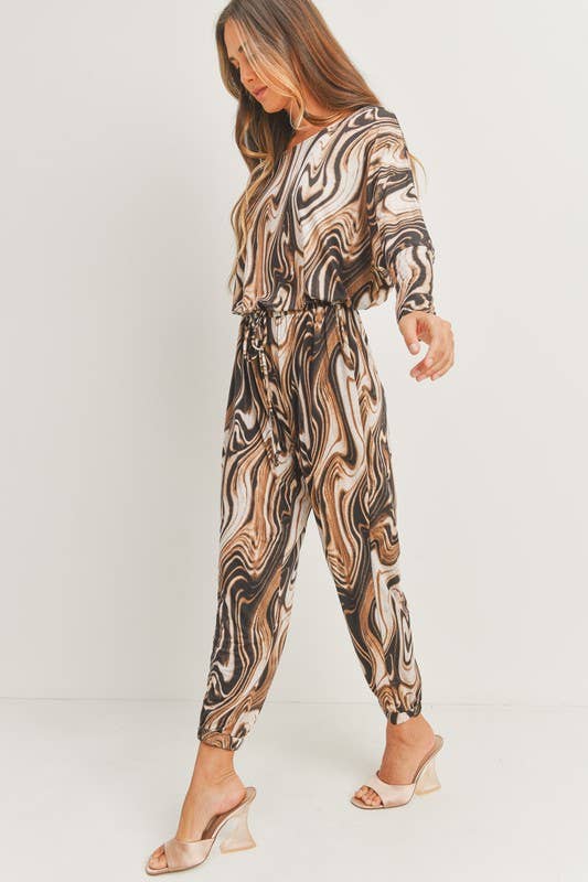 Long Sleeve Printed Knit Jumpsuit: L / Brown