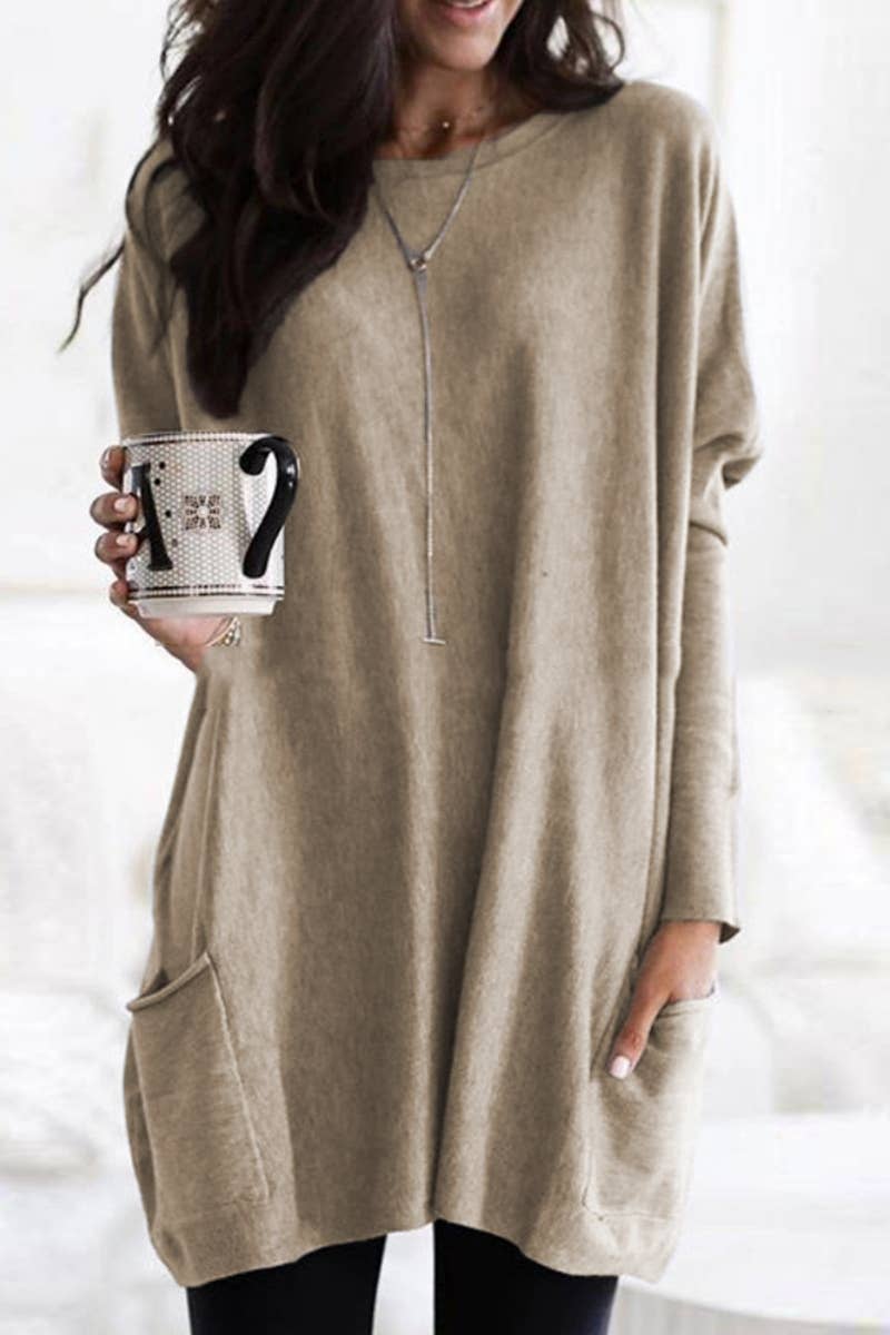 Dress Long Sleeve Round Neck Loose Top: CAMEL