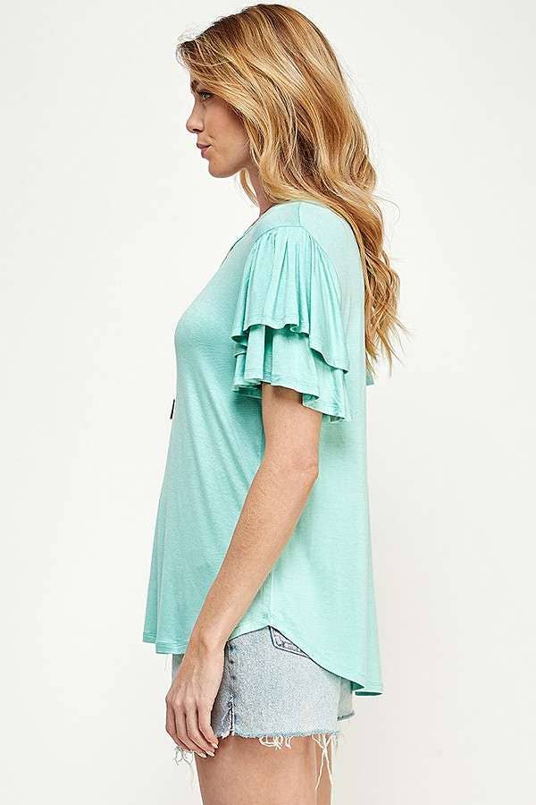 Round Neck Semi Loose Ruffle Sleeve Top: / NEW SUNKIST