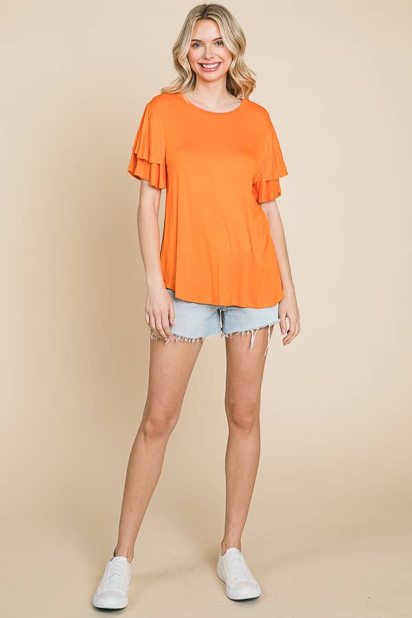 Round Neck Semi Loose Ruffle Sleeve Top: / NEW SUNKIST