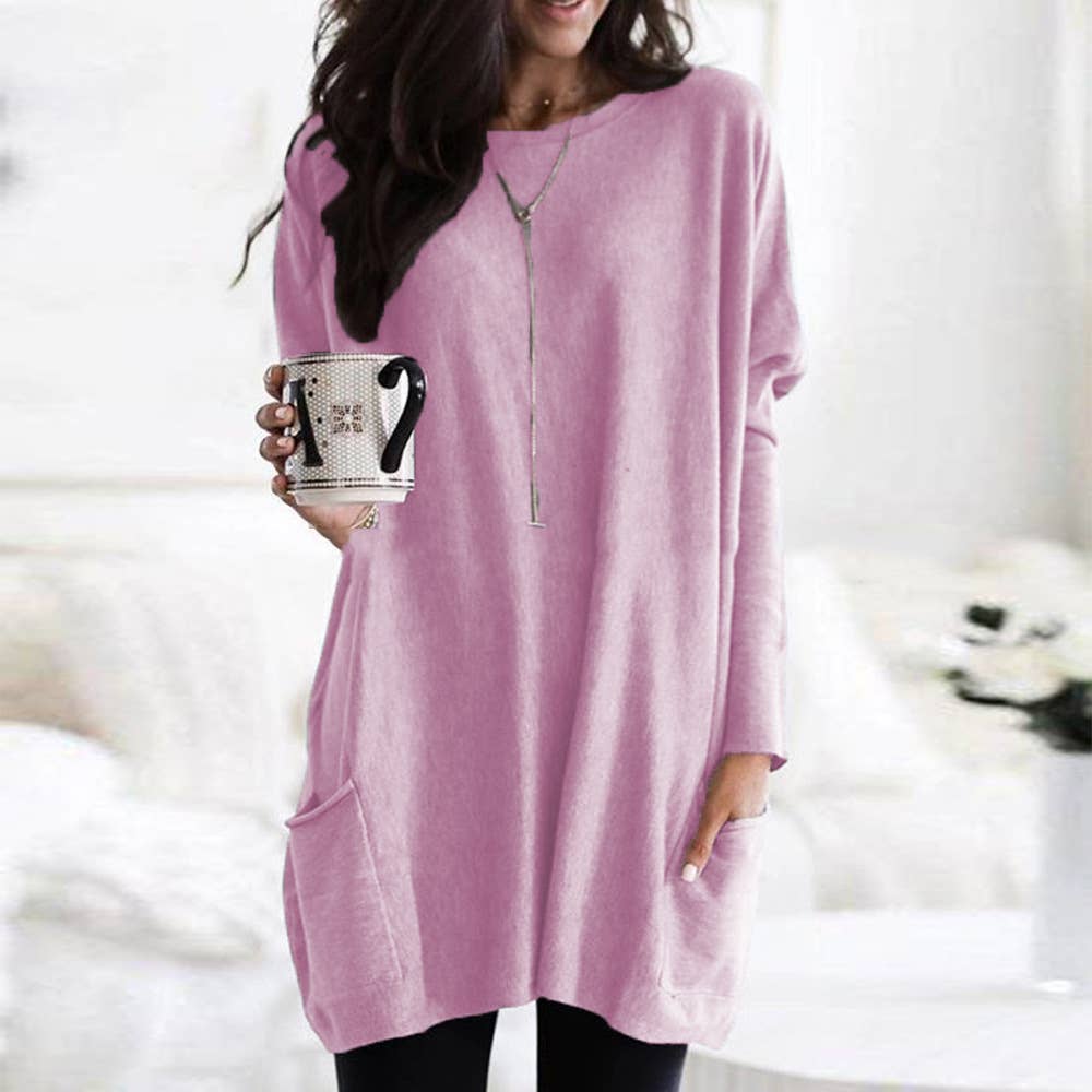 Dress Long Sleeve Round Neck Loose Top: CAMEL