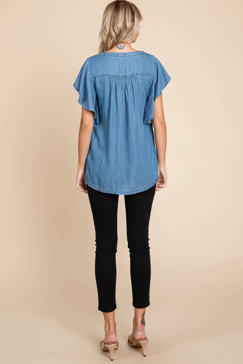 CHAMBRAY FLUTTER SLEEVE TOP=