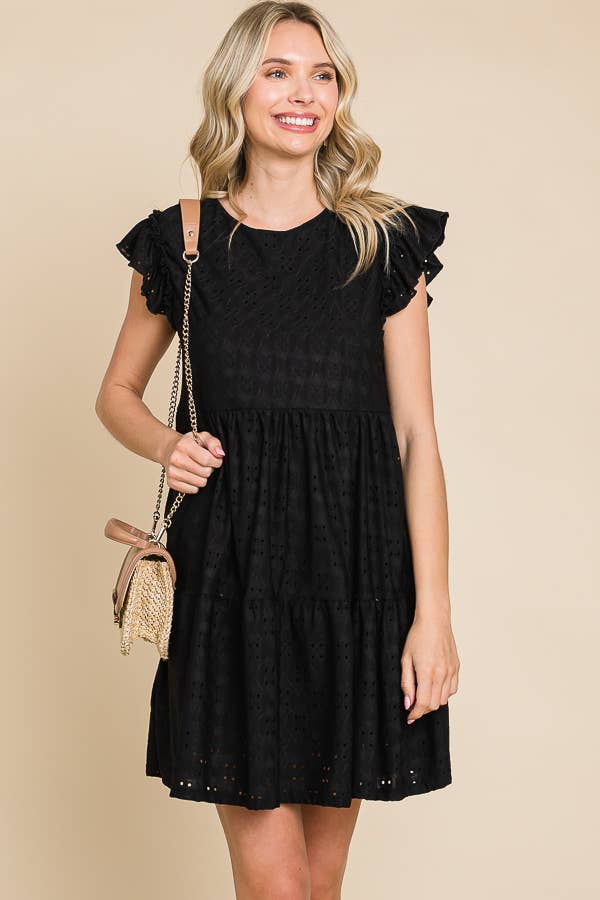 BabyDoll Tiered Mini Ruffle Sleeve Dress: / BUTTER CREAM