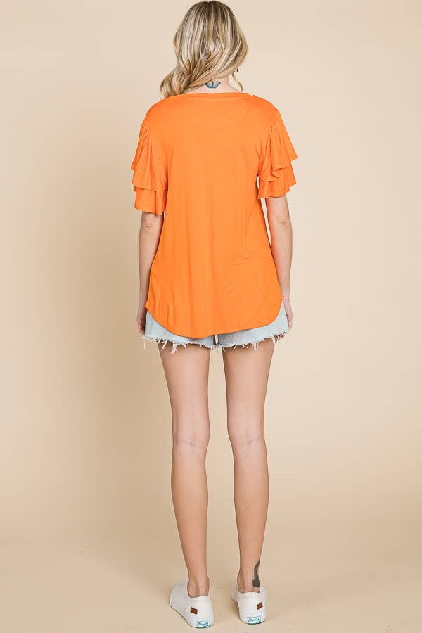 Round Neck Semi Loose Ruffle Sleeve Top: / NEW SUNKIST