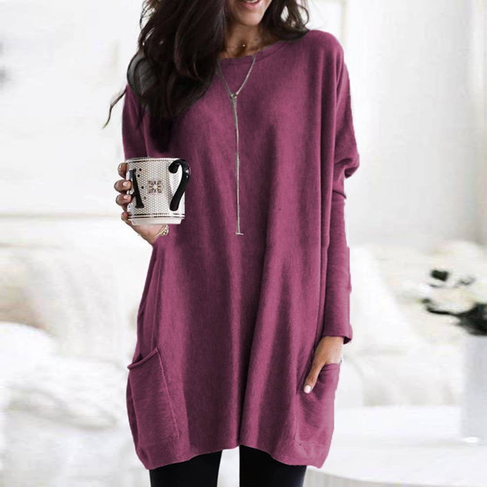 Dress Long Sleeve Round Neck Loose Top: CAMEL
