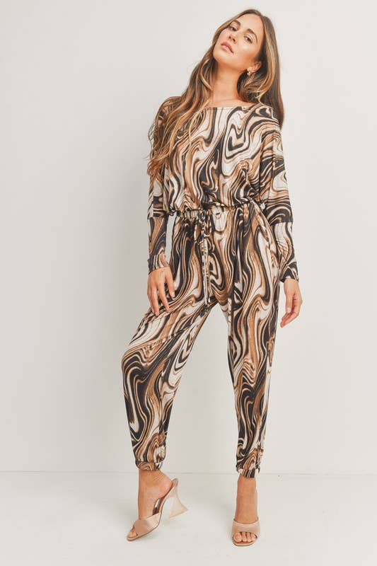 Long Sleeve Printed Knit Jumpsuit: L / Brown