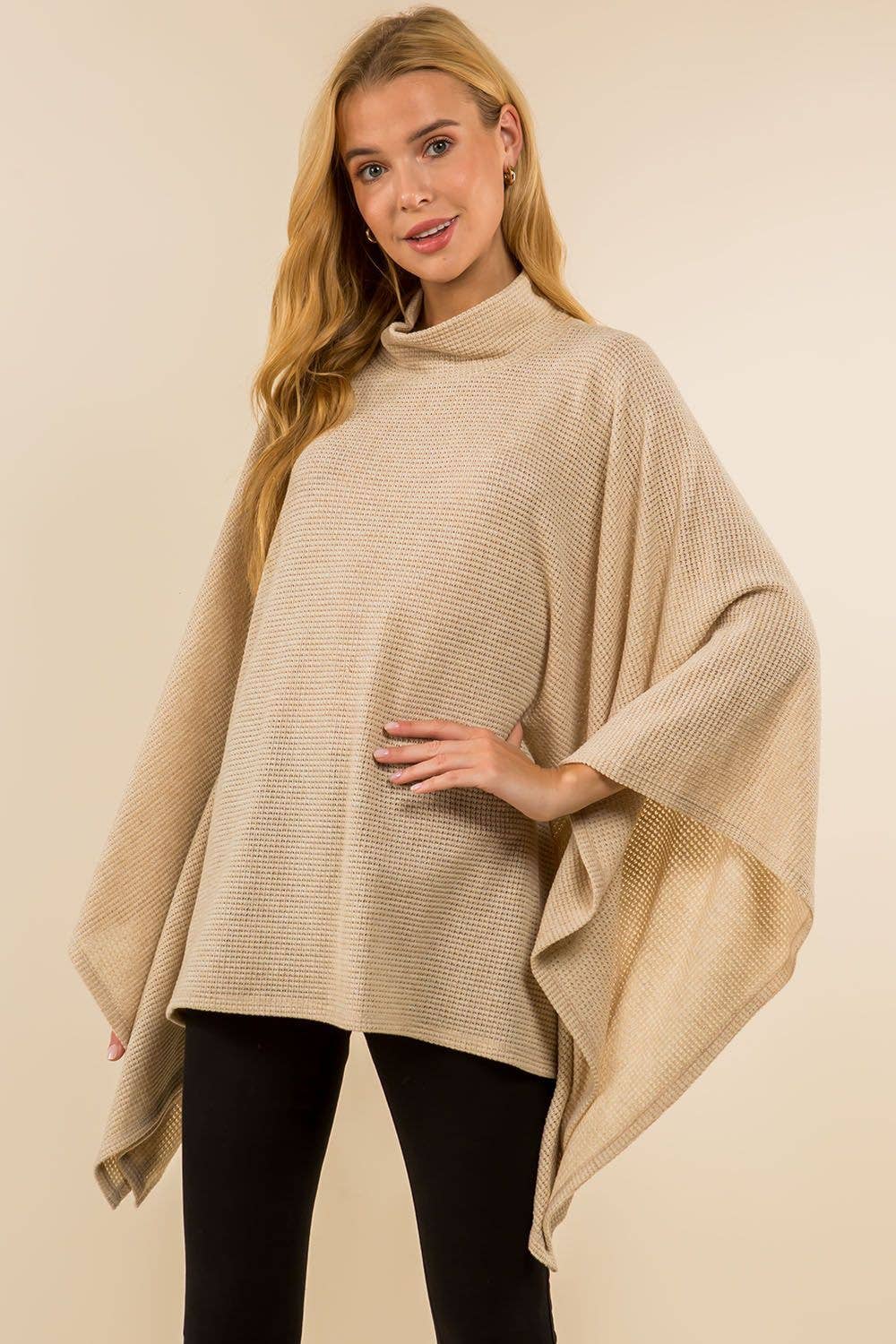 Turtleneck novelty waffle knit poncho