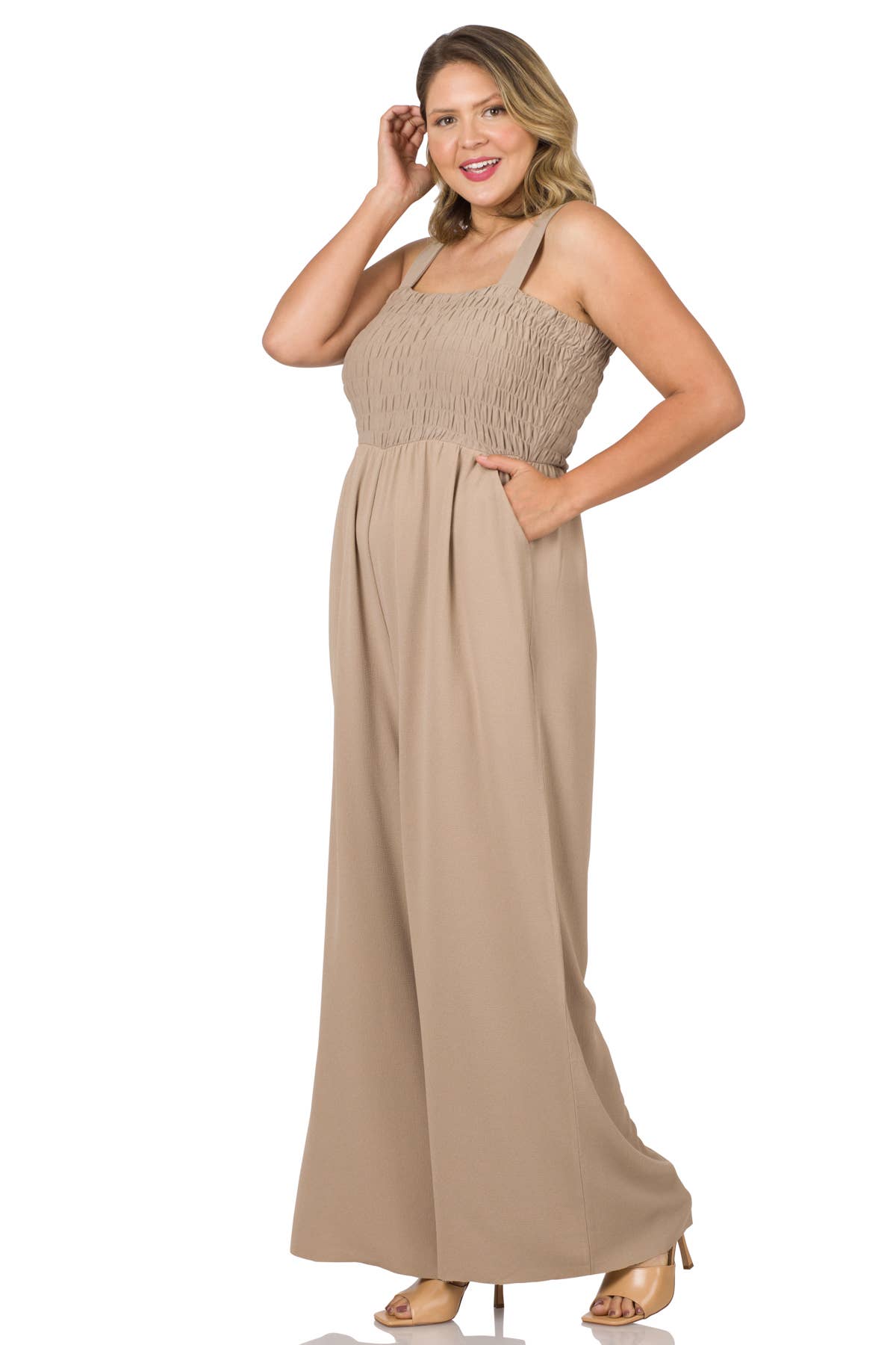 PLUS KNIT TOP & WOVEN PANTS MIX JUMPSUIT w/ raw hem