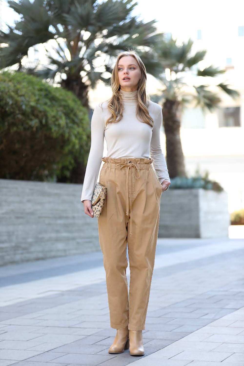 STONE WASH PAPERBAG WAIST PANTS
