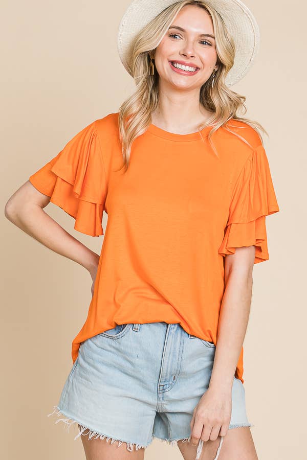 Round Neck Semi Loose Ruffle Sleeve Top: / NEW SUNKIST