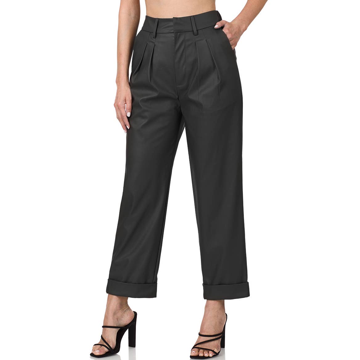 Black VEGAN LEATHER PLEAT FRONT PANTS