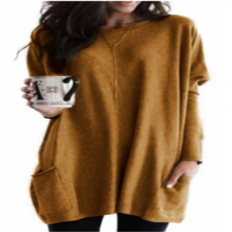 Dress Long Sleeve Round Neck Loose Top: CAMEL