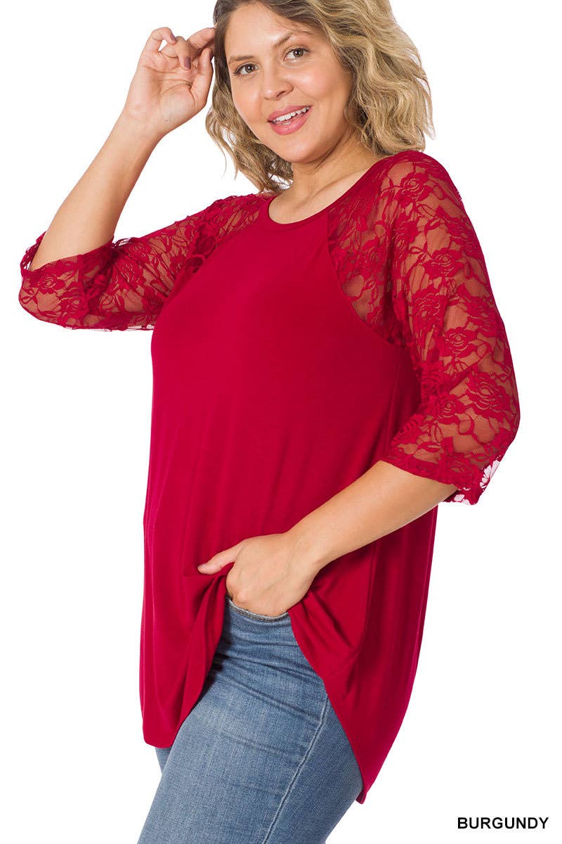 Plus Lace Half Sleeve Round Neck And Hem Top