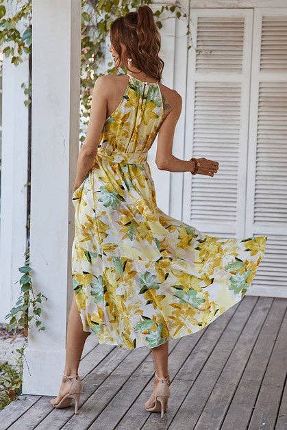 Halter Neck Flower Print Ruffled Dress -