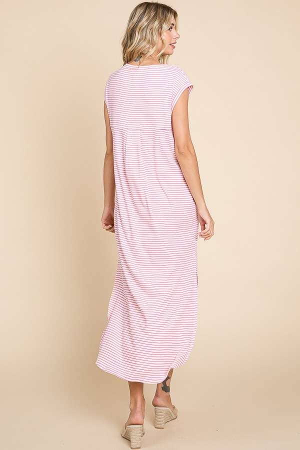 V Neck Oversize Sleeveless Stripe Maxi Dress