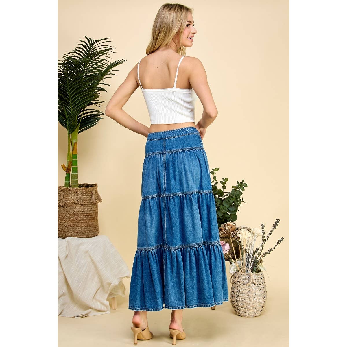 Front Button 3 tiered Denim Skirt