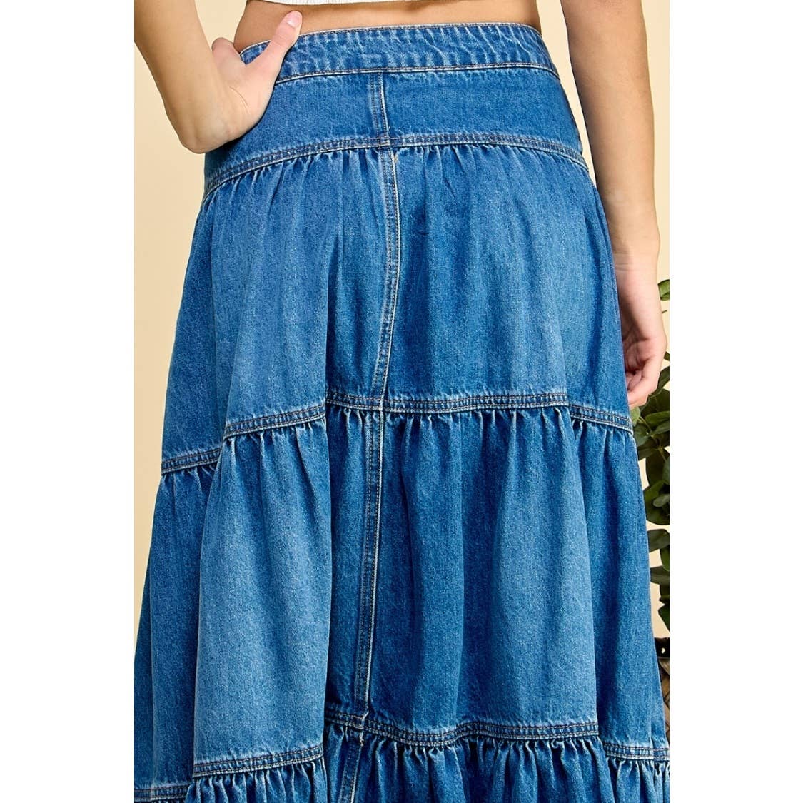 Front Button 3 tiered Denim Skirt