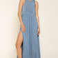 Stone Washed Side Slit Cut Out Maxi Dress