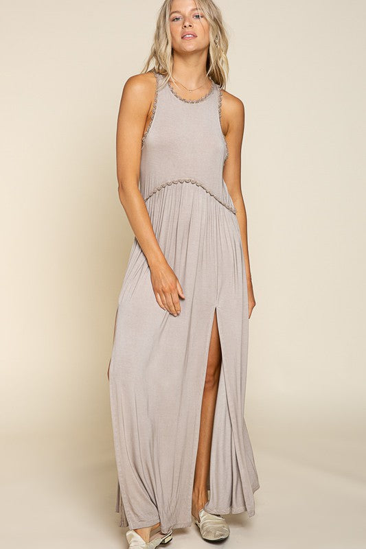 Stone Washed Side Slit Cut Out Maxi Dress