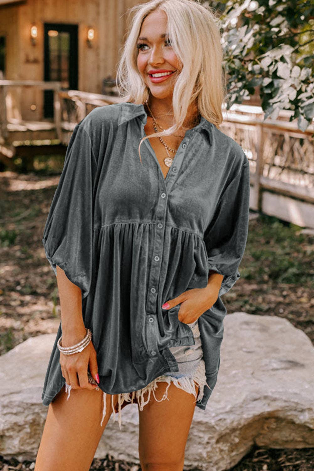 Women's 3/4 Sleeve Tunic Babydoll Velvet Shirt