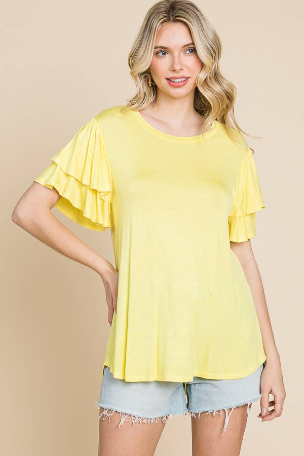 Round Neck Semi Loose Ruffle Sleeve Top